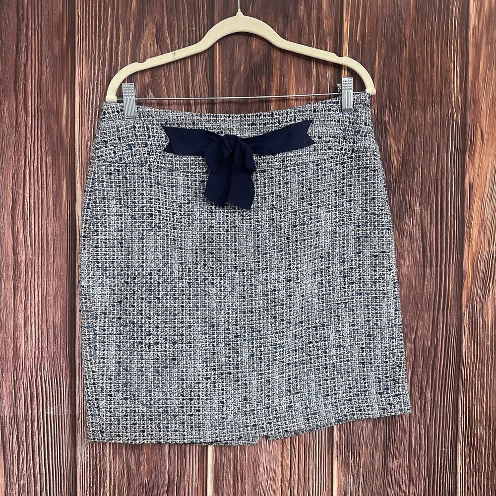 Ann Taylor Loft Skirt Blue White Lined Tweed Bow Rear Split Side Zip Size 8